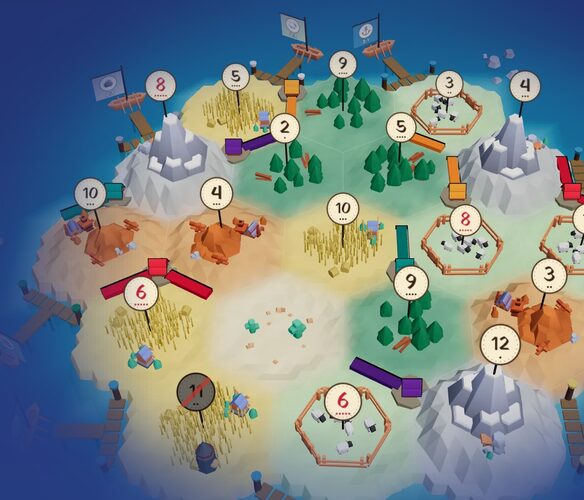 The Six Shores island: hex lands with number tokens, harbours, roads and villages in four player colours.