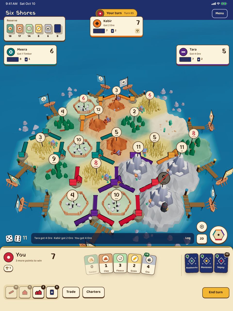 Six Shores on a tablet: the island with your cards and build buttons.