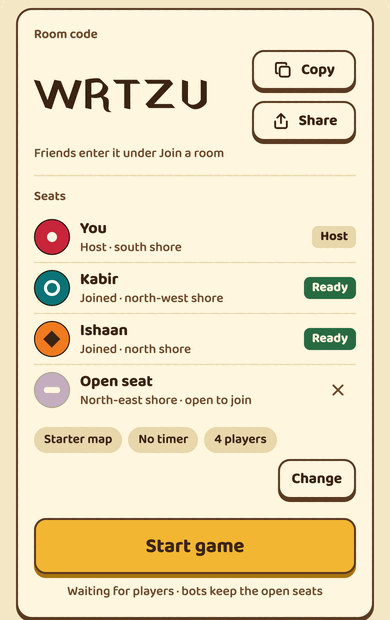 A Six Shores room lobby showing the room code WRTZU, Copy and Share buttons, three players who have joined and one open seat.